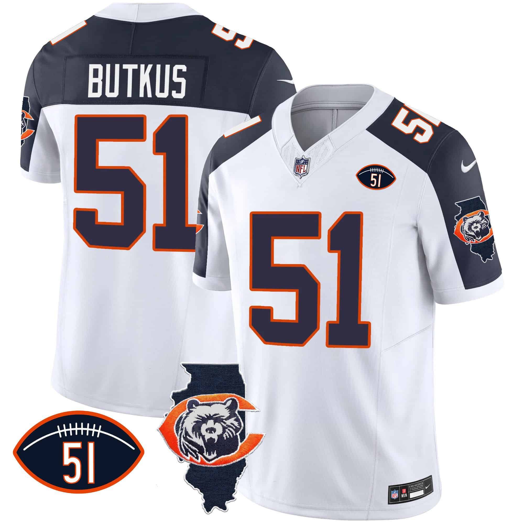 Men Chicago Bears #51 Butkus White 2024 Nike Throwback Illinois Patch Vapor NFL Jersey style 2